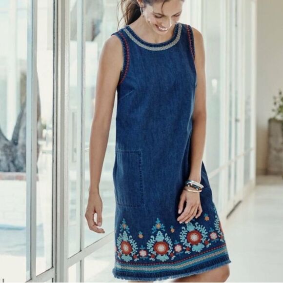 J. Jill 100% Cotton Malibu Floral Embroidered Denim Dress with Pockets Med